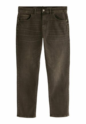 Schmal geschnittene dunkelbraune Jeans mit fünf Taschen, Gürtelschlaufen und Knopfverschluss, flach auf weißem Hintergrund liegend dargestellt.