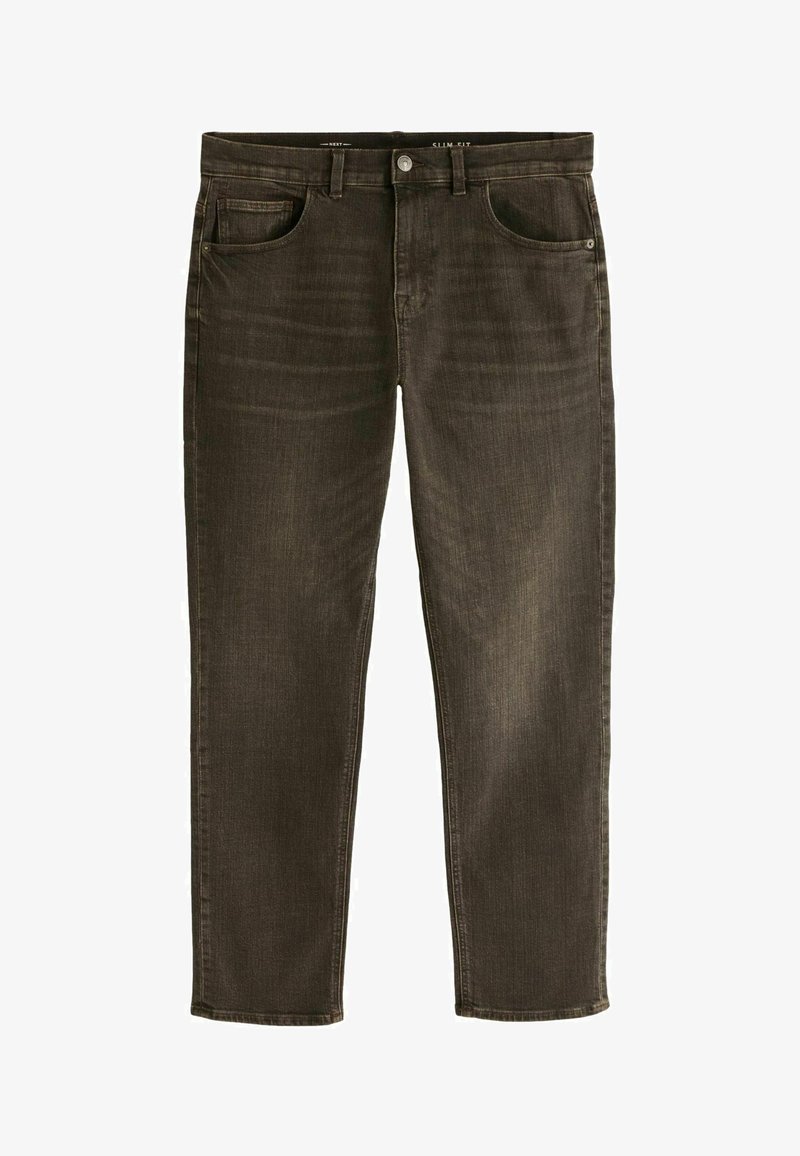 Slim fit donkerbruine jeans met vijf zakken, riemlussen en knoopsluiting, plat liggend weergegeven op een witte achtergrond.