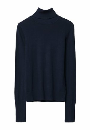Marineblå turtleneck sweater lavet af glat strikstof, med lange ærmer og ribbede kanter ved ærmerne og bunden.