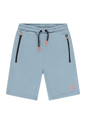 Lichtblauwe shorts van zachte stof, met een elastische tailleband, trekkoord en zwarte ritszakken met oranje accenten.