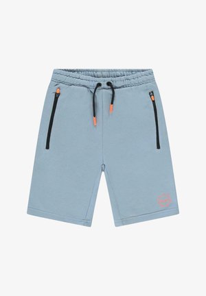 Lichtblauwe shorts van zachte stof, met een elastische tailleband, trekkoord en zwarte ritszakken met oranje accenten.