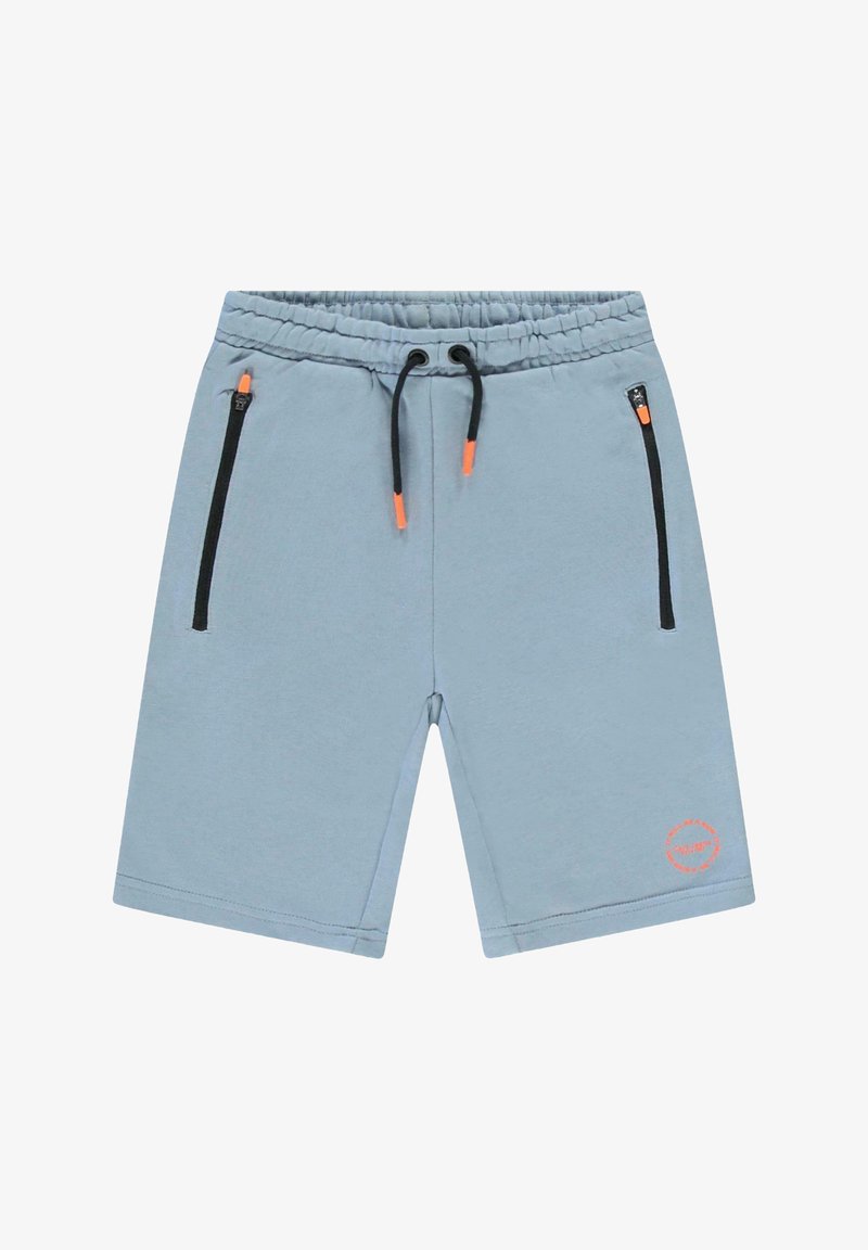Lichtblauwe shorts van zachte stof, met een elastische tailleband, trekkoord en zwarte ritszakken met oranje accenten.