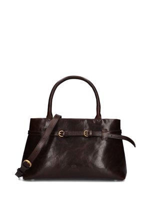 Dark brown leather handbag with two handles, a long adjustable shoulder strap, and a decorative belt with gold buckles on the front.