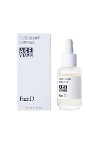 Bottiglia di vetro trasparente con pipetta contenente un siero leggero, etichettata "A.C.E. Vitamina", con una scatola bianca che presenta testo nero. Dimensione 30 ml.