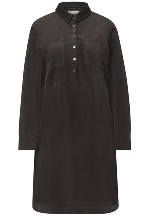 Vestido marrón oscuro de manga larga con botones, bolsillos en el pecho y cuello corto de pie.