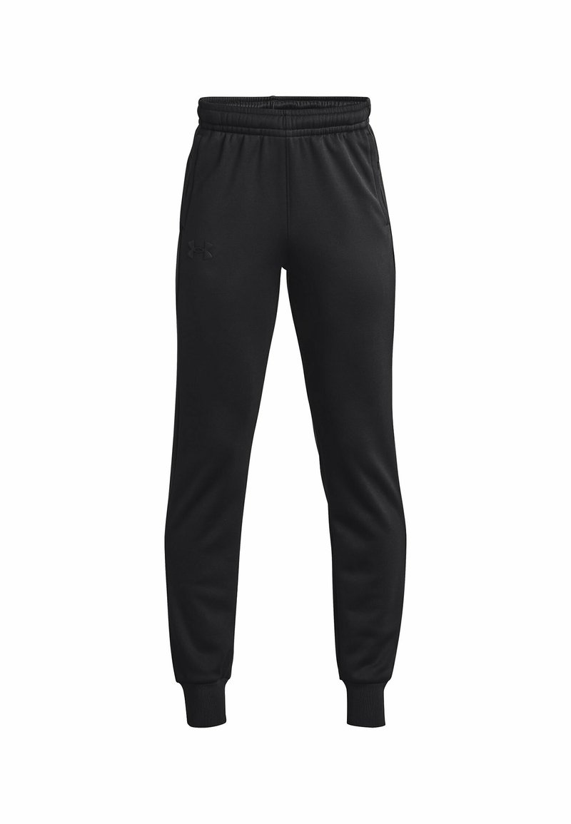 Svarta sweatpants i ett mjukt tyg, med elastiskt midjeband, ribbade muddar och en liten logotyp på vänster lår.