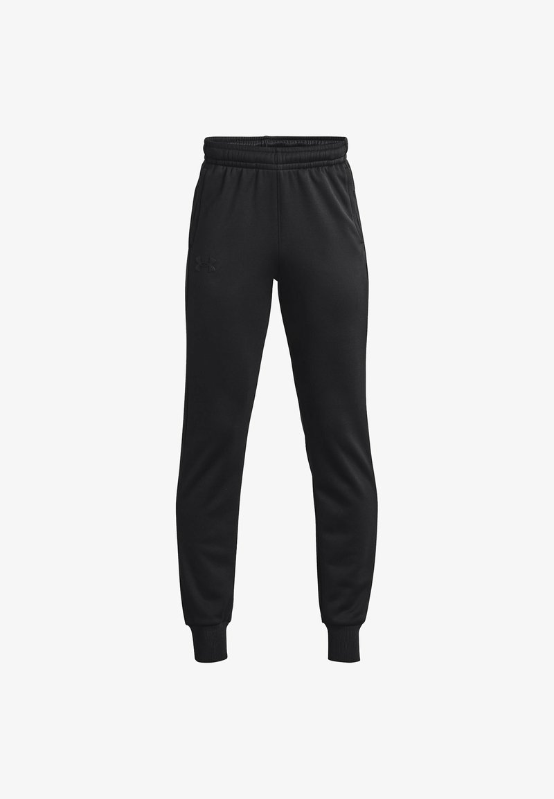 Black sweatpants made of smooth fabric, featuring an elastic waistband, ribbed cuffs, and a small logo on the left thigh.