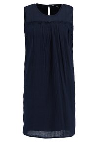 Vestido sin mangas de color azul marino en tela ligera, con detalles de pliegues, espalda con ojal y corte relajado hasta la rodilla.