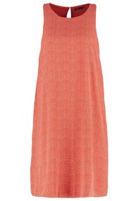 Rotes ärmelloses Kleid mit strukturiertem Fischgrätenmuster, knielang, mit einem Schlüssellochausschnitt hinten und gerader Silhouette.