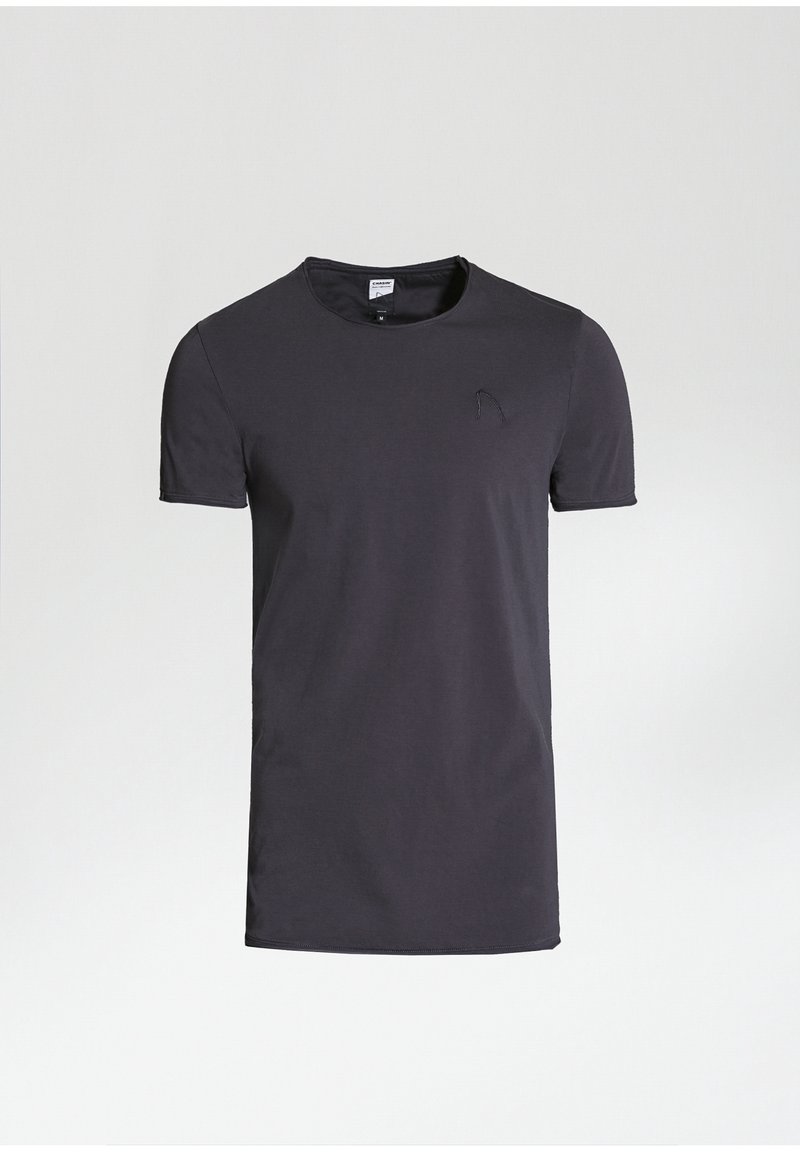T-shirt in cotone grigio scuro con scollo rotondo, maniche corte e un piccolo logo ricamato sul lato sinistro del petto. Texture liscia, vestibilità standard.
