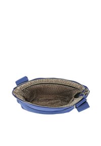 Borsa blu royal con un esterno liscio e strutturato, dotata di chiusura a zip e un morbido interno beige con motivi logo. Include due manici superiori.