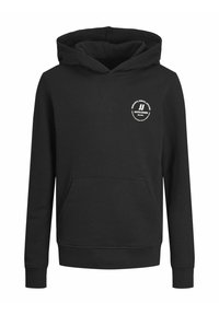 Sweat à capuche noir avec poche kangourou à l'avant, poignets côtelés et logo circulaire blanc Jack & Jones sur la poitrine avant gauche.