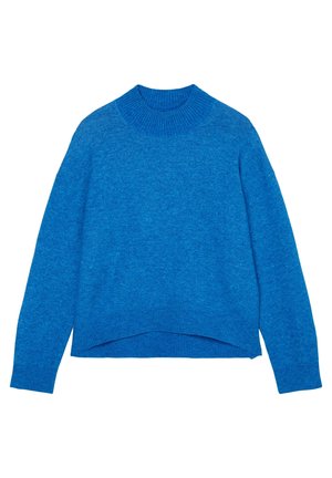 Pull à col rond côtelé bleu avec manches longues et ourlet arrière légèrement plus long, confectionné en tissu tricoté doux.
