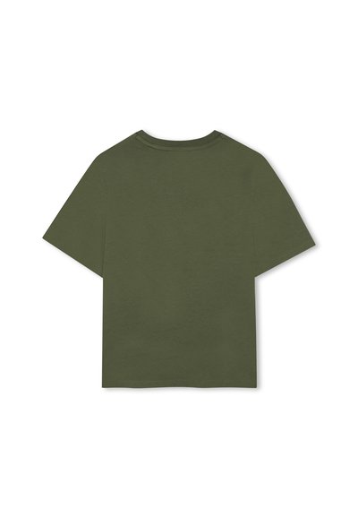 T-shirt en coton vert à manches courtes, avec un col rond et une coupe droite. Design simple sans motifs ni accents.
