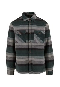 Camicia in flanella a strisce verde scuro, grigio e nero. Presenta due tasche sul petto con chiusure a bottone e colletto a punta. Tessuto morbido.