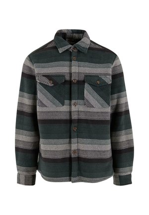 Koszula flanelowa w ciemnozielone, szare i czarne paski. Posiada dwie kieszenie na piersi z zapięciem na guziki oraz ostre kołnierzyk. Miękka w dotyku.