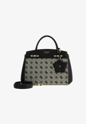 Borsa nera e grigia in tela strutturata, con dettagli in metallo color oro e ciondolo floreale. Dotata di manici superiori e tracolla removibile.