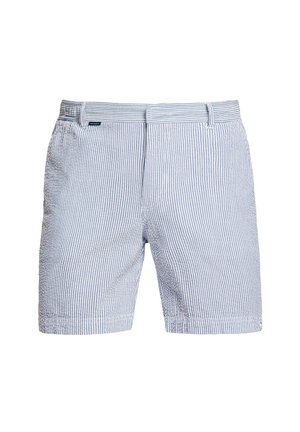 Shorts pour hommes à rayures verticales bleues et blanches avec passants de ceinture et poches latérales, présentés sur un fond blanc.