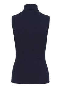 Ärmelloses marineblaues geripptes Rollkragentop mit figurbetonter Passform, von hinten gezeigt.
