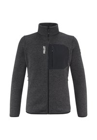 Veste en polaire grise avec fermeture éclair à l'avant, col montant, une poche poitrine zippée et deux poches latérales ; tissu texturé avec des accents noirs contrastants.