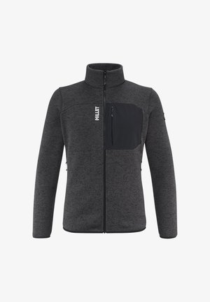 Grau gefütterte Jacke mit Reißverschluss vorne, hohem Kragen, einer Reißverschlusstasche auf der Brust und zwei Seitentaschen; strukturiertem Stoff mit kontrastierenden schwarzen Akzenten.