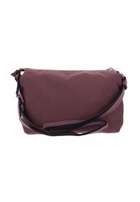 Pochette violette texturée avec une fermeture éclair et une sangle réglable. Elle présente une finition lisse et une forme rectangulaire compacte.
