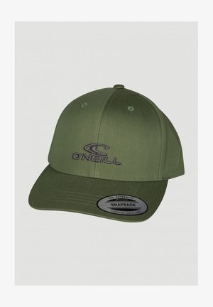Oliven grøn snapback-kasket med en buet skygge, der har et broderet O'Neill-logo i grå. Stoffet har en glat, mat tekstur.