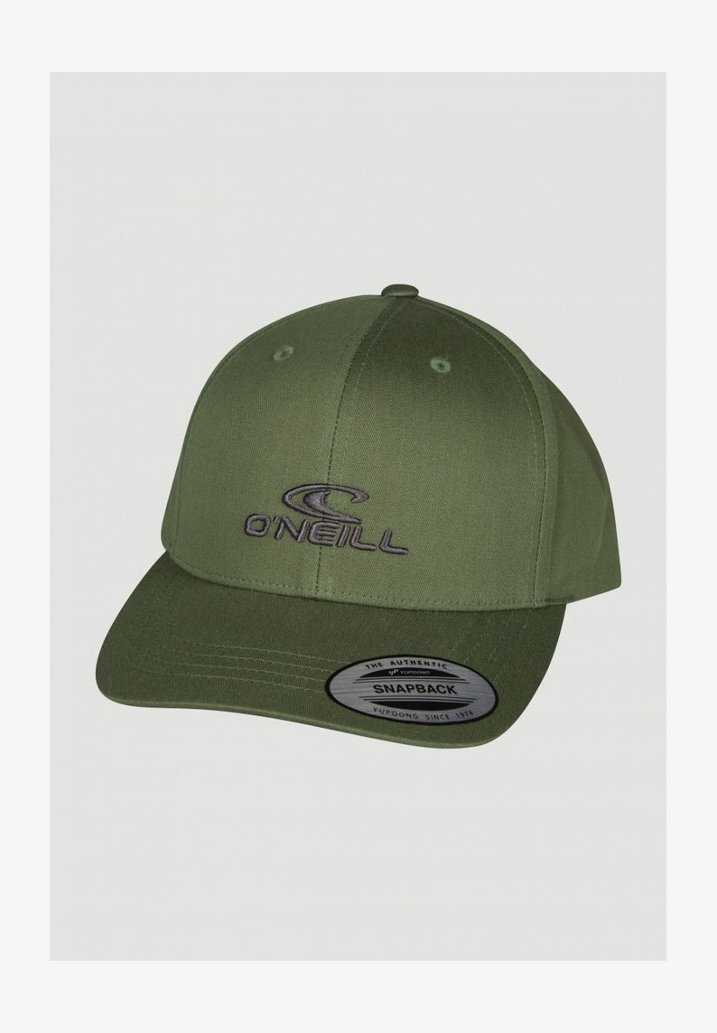 Soehka rohelise snapback müts koos kaardus visoriga, millel on halli värvi kujundatud O'Neill logo. Kanga pind on sile ja matt.