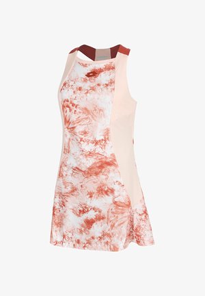 Kleita bez piedurknēm ar pieguļošu augšdaļu un izplūdušu svārku. Iekļauj sarkanu un krēmīgu abstraktu rakstu, elegantu dizainu un kontrastējošus plecu akcentus.