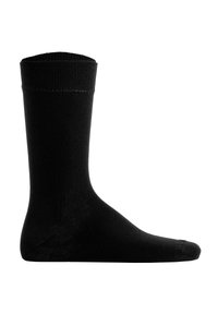 Schwarze Baumwollsocke mit geripptem Bund, ausgestattet mit einem nahtlosen Zehendesign. Glatte Textur und knielange Form. Einfaches, klassisches Design.