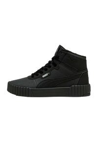 Adidași high-top negri de la Puma, cu panouri laterale texturate, șireturi în față și talpă striată. Logo-ul Puma este vizibil pe lateral și pe limbă.