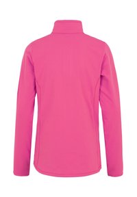 Chaqueta de pullover de manga larga en color rosa con un alto cuello. Fabricada con tela suave, presenta costuras planas y un dobladillo ligeramente curvado en la parte inferior.