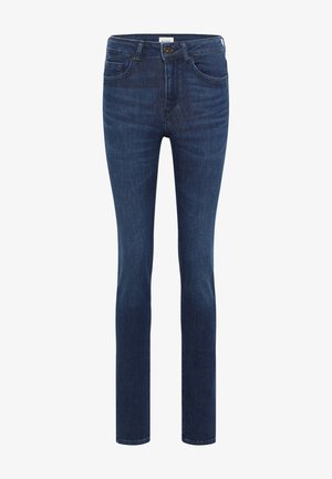 Dunkelblaue Jeans aus Denim, schlanker Schnitt, Fünf-Taschen-Style, mit Reißverschluss und Knopfverschluss, subtile Verwaschungen und Texturdetaillierungen.