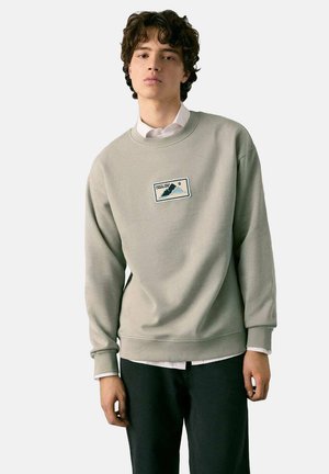 Ljusgrön sweatshirt i bomullsblandning med ribbade muddar och fåll. Har en rektangulär broderad patch med bergsdesign.