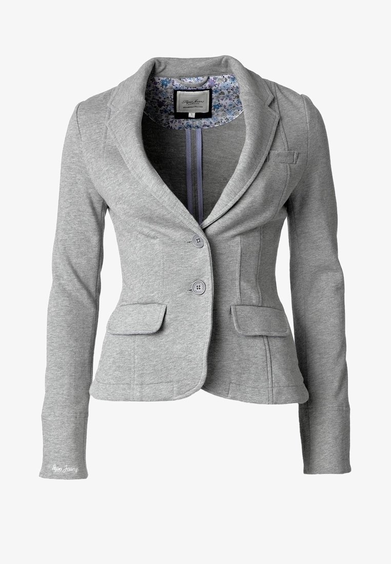 Blazer gris en tissu souple, avec un col à revers, deux poches avant et une doublure intérieure à fleurs. Léger avec fermeture à bouton.