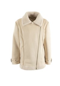 Giubbotto in shearling beige con zip diagonale, ampio colletto peloso, tasche laterali e cinturini con fibbia regolabile sui polsini e sull'orlo.