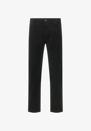 Mustat farkut suoran leikkauksen, viiden taskun muotoilun, napin sulkemisen ja ompelusyiden kanssa. Silkkinen pinta ja mattapinta.