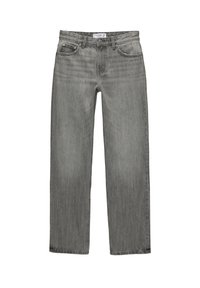 Jean gris en denim avec une coupe droite. Comprend cinq poches, des passants pour ceinture, et un léger délavage du tissu pour la texture.