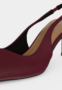 Μπορντό δερμάτινο γόβα με λουράκι, ψηλό τακούνι, μυτερή μύτη και μπεζ επένδυση σε λευκό φόντο.