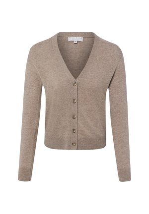 Beige gebreid vest met V-hals, lange mouwen, geribbelde manchetten en zoom, en vijf knopen aan de voorkant.
