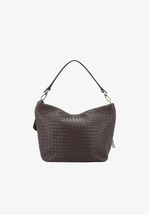 Dark brown woven leather handbag with a curved body, a single top handle, and gold hardware accents. Smooth texture, modern design.