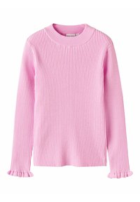 Maglione rosa a coste con colletto rotondo, maniche lunghe e polsini a campana con volant. Il materiale presenta una finitura texturizzata.