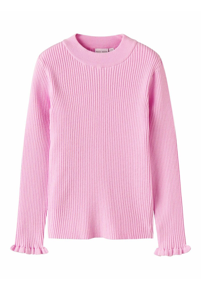 Maglione rosa a coste con colletto rotondo, maniche lunghe e polsini a campana con volant. Il materiale presenta una finitura texturizzata.