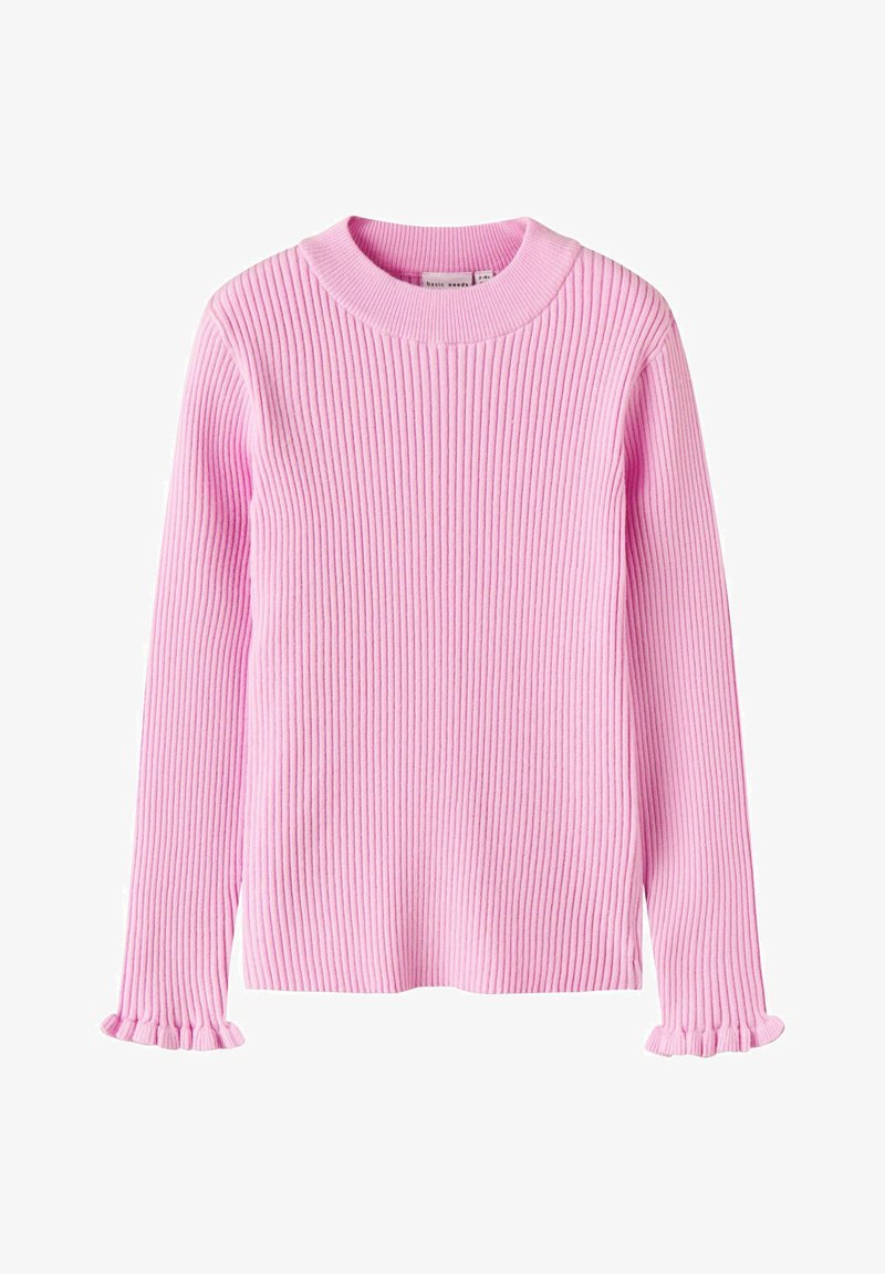 Rosa ribbad tröja med rund halsringning, långa ärmar och utsvängda, rynkiga muddar. Materialet har en strukturerad yta.