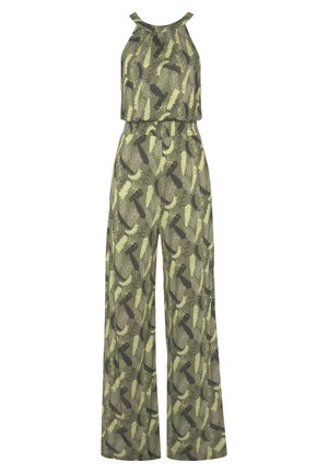 Combinaison sans manches vert olive à col montant, taille élastique, jambes larges, avec un motif de feuilles et plumes vert foncé sur toute la surface.