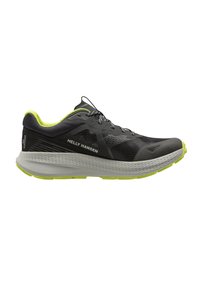 Zapatilla de running negra con paneles de malla, detalles reflectantes y una suela gris acolchada. Presenta acentos en verde brillante y un diseño de lazada segura.