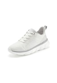 White athletic shoe with a textured mesh upper, lace closure, and a cushioned sole. Features subtle gray accents and a pull tab on the heel.
