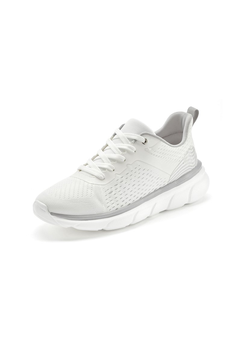 White athletic shoe with a textured mesh upper, lace closure, and a cushioned sole. Features subtle gray accents and a pull tab on the heel.