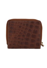 Hnědá kožená peněženka s reliéfním vzorem krokodýla, zipovým uzávěrem a kontrastním prošíváním podél okrajů.