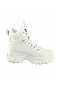White high-top sneakers featuring a textured fabric upper, round toe, lace-up design, and a chunky sole for added height.